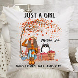 Personalized Girl Loves Cat Fall Season Premium Pillow, Cat Mom Gift, Cat Mom Pillow, Gift For Cat Lovers