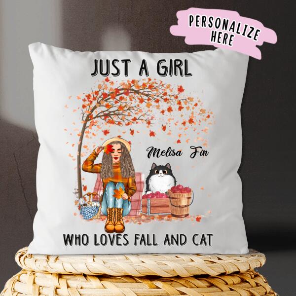 Personalized Girl Loves Cat Fall Season Premium Pillow, Cat Mom Gift, Cat Mom Pillow, Gift For Cat Lovers