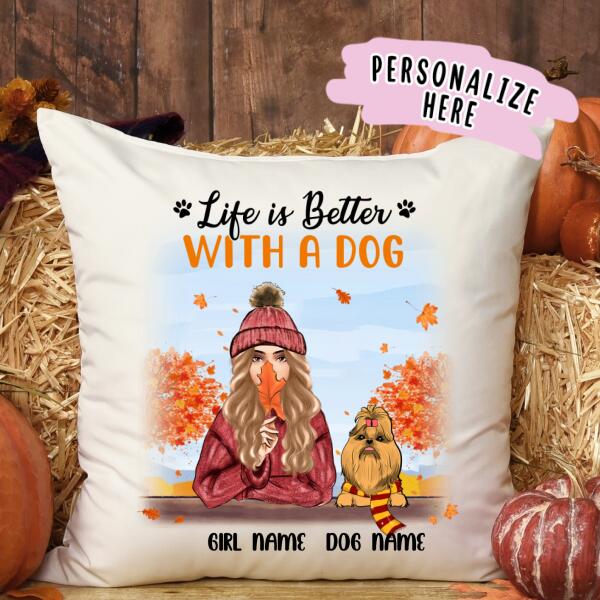 Personalized Dog Mom Fall Season Premium Pillow, Dog Mom Pillow, Dog Mom Gift, Gift For Dog Lovers