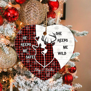 Personalized Name Deer Couple He Keeps Me Safe, She Keeps Me Wild Christmas Ceramic Heart Ornament, Couple Gift Ornament, Gift For Her, Gift For Him