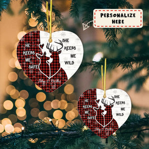 Personalized Name Deer Couple He Keeps Me Safe, She Keeps Me Wild Christmas Ceramic Heart Ornament, Couple Gift Ornament, Gift For Her, Gift For Him