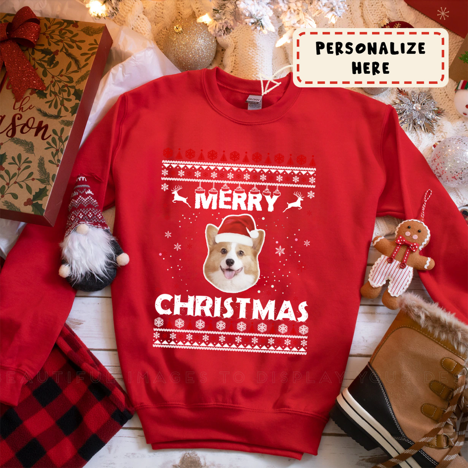 Personalized Dog's Face Christmas Sweatshirt, Custom Pet Photo Christmas Sweatshirt
