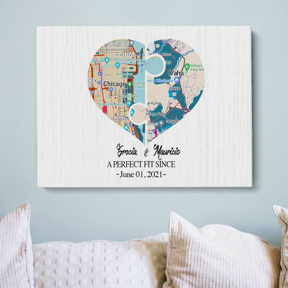 Personalized Heart Map Print On Canvas, Valentine Gift For Him, Gift For Her, Valentine Day Gift Premium Canvas
