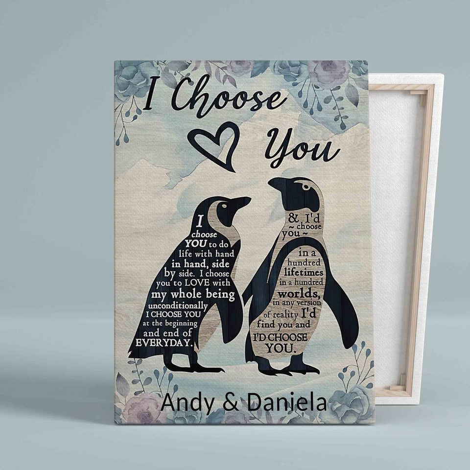 Personalized Penguin Couple Gift, Gift For Her, I Choose You Penguin Couple Wall Art Canvas