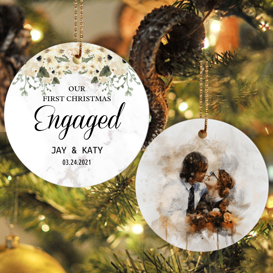 Personalized Couple Watercolor Photo Ornament, Our First Christmas Engaged Ornament, Gift For Him, Gift For Her