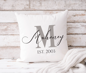 Last Name Established Pillow, Engagement Gift, Wedding Gift, Personalized Name Throw Pillow, Rustic Decor Monogram Pillow