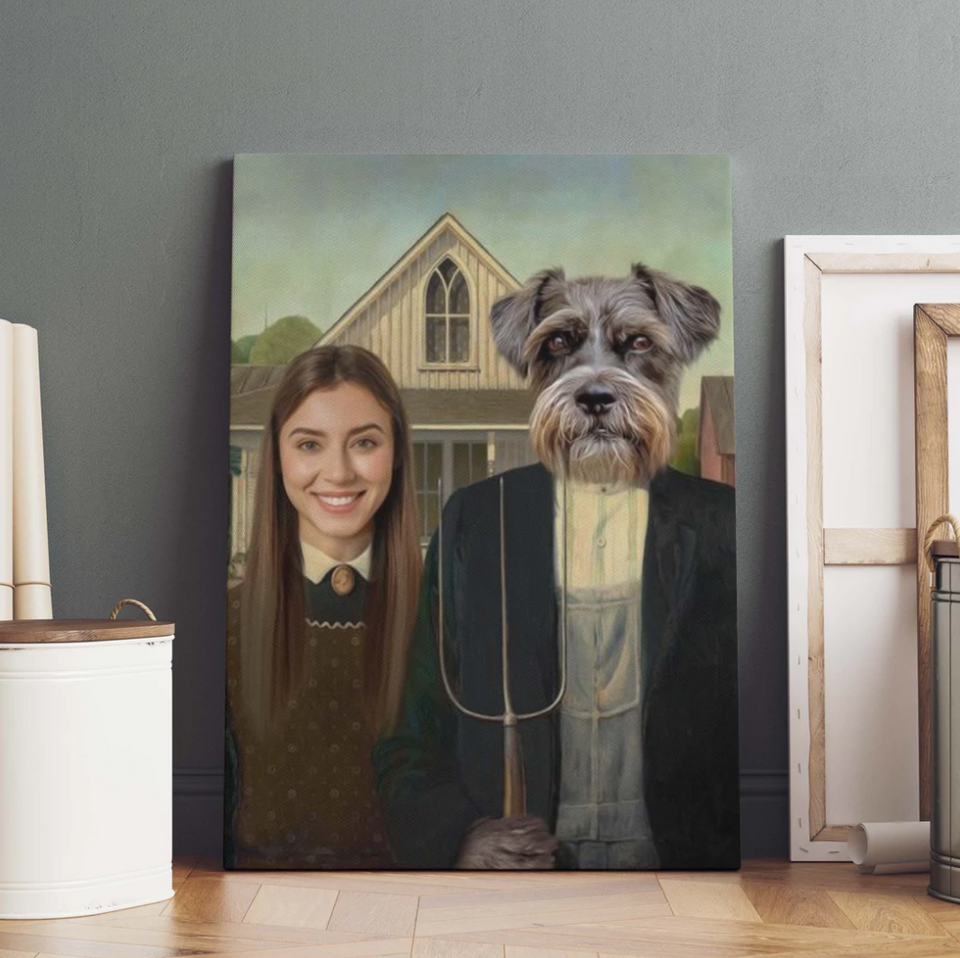 Personalized American Gothic, Woman And Dog Portrait, Custom Family Pet, Royal Girlfriend Pet Portrait, Human And Pet Portrait Funny Gift
