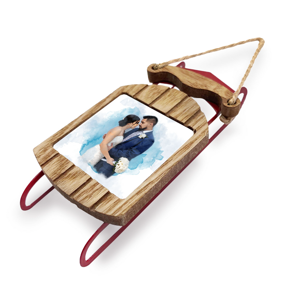 Personalized Watercolor Wedding Photo Sled Ornament - GreatestCustom
