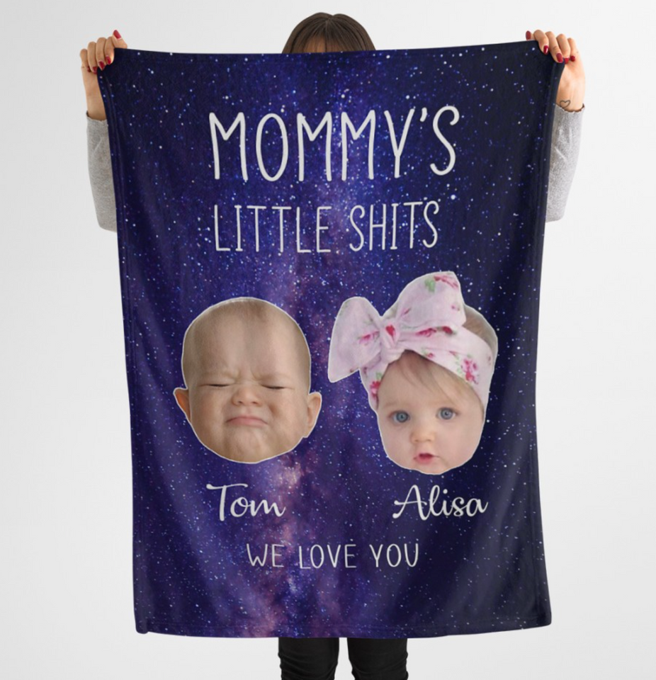 Personalized Mommy's Little Shits Baby Face Funny Mom Sherpa/Fleece Blanket
