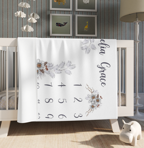 Personalized Winter Floral Baby Girl Milestone Blanket, Monthly Nursery Baby Girl Blanket - GreatestCustom
