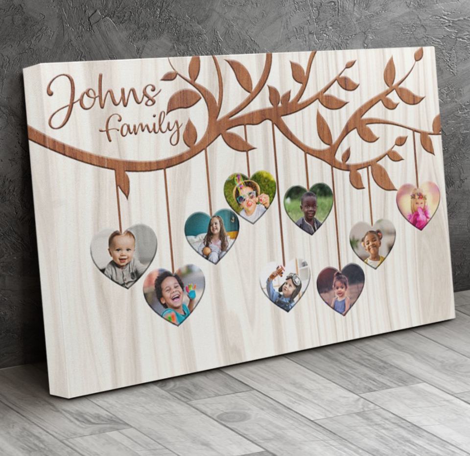 Personalized Family Heart Tree With Custom Children Grandchildren Photos Canvas Wall Art