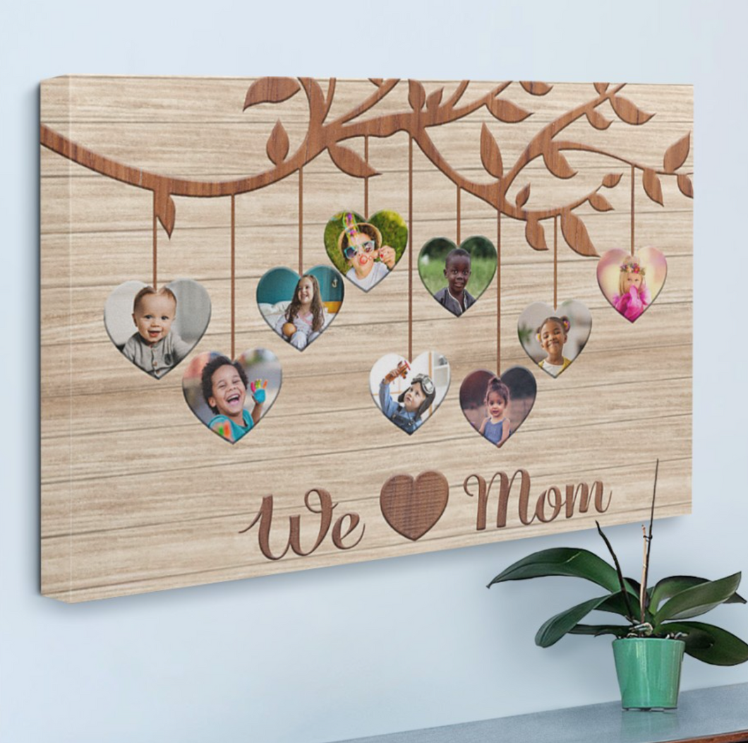 Personalized We Love Mom Canvas, Family Heart Tree With Custom Children Photos Mom Canvas Wall Art