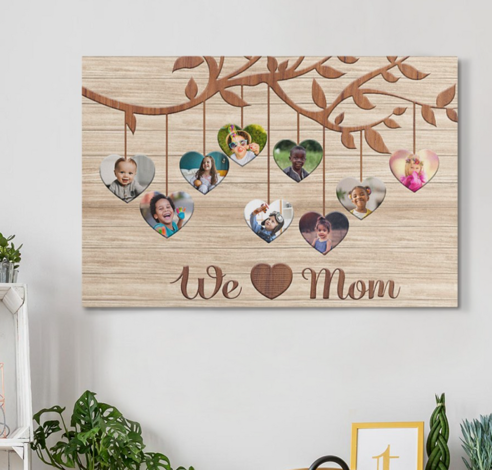 Personalized We Love Mom Canvas, Family Heart Tree With Custom Children Photos Mom Canvas Wall Art