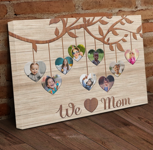 Personalized We Love Mom Canvas, Family Heart Tree With Custom Children Photos Mom Canvas Wall Art