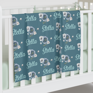 Personalized Name Baby Blanket, Name Baby Blanket, Personalized Blue Floral Blanket