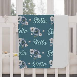Personalized Name Baby Blanket, Name Baby Blanket, Personalized Blue Floral Blanket