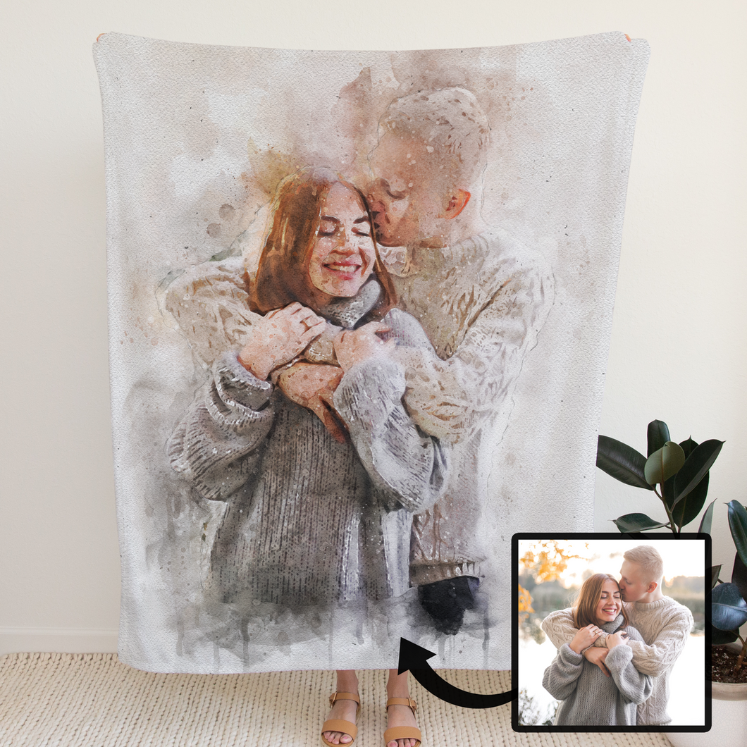 Valentine Watercolor Gift for Her or Him, Valentine Day Gift For Boyfriend Girlfriend, Valentine Gift For Him, Couple Watercolor Fleece/Sherpa Blanket