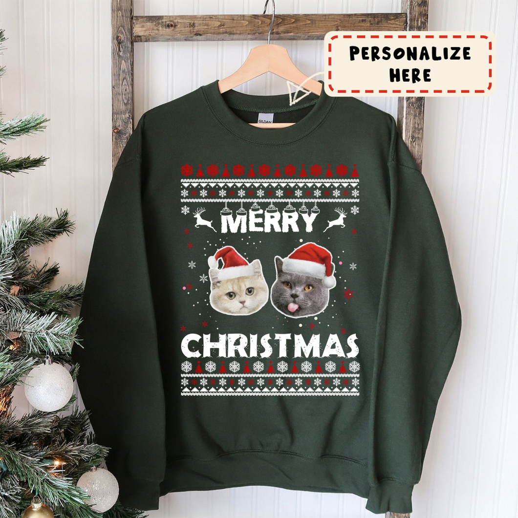 Personalized Cat's Face Christmas Sweatshirt, Custom Pet Photo Funny Christmas Sweater - GreatestCustom