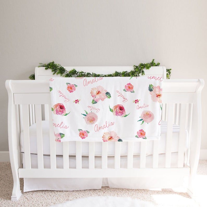 Personalized Floral Baby Girl Name Blanket, Baby Shower Gift, New Mom Gift, Milestone Baby Blanket