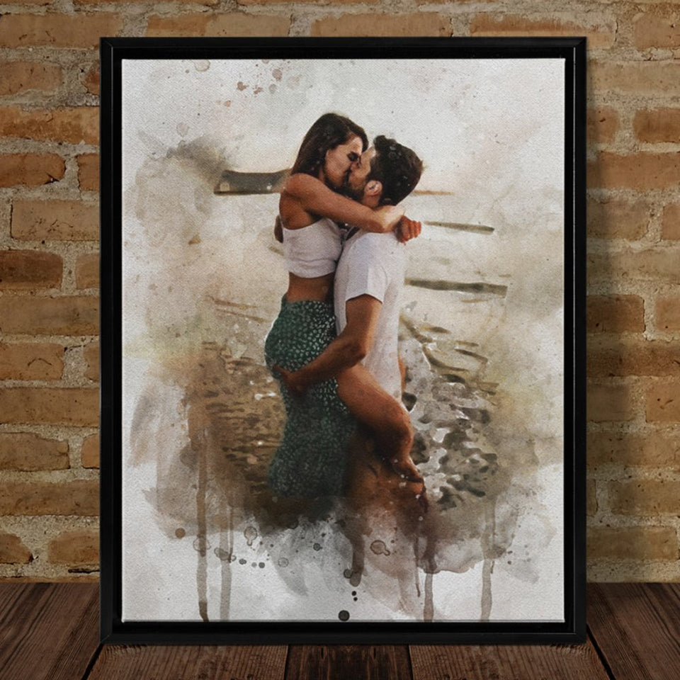 Personalized Couple Painting Watercolor Portrait, Couple Photo Art Canvas