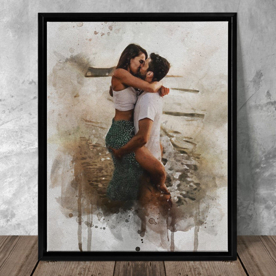 Personalized Couple Photo Art Canvas, Couple Painting Watercolor Portrait