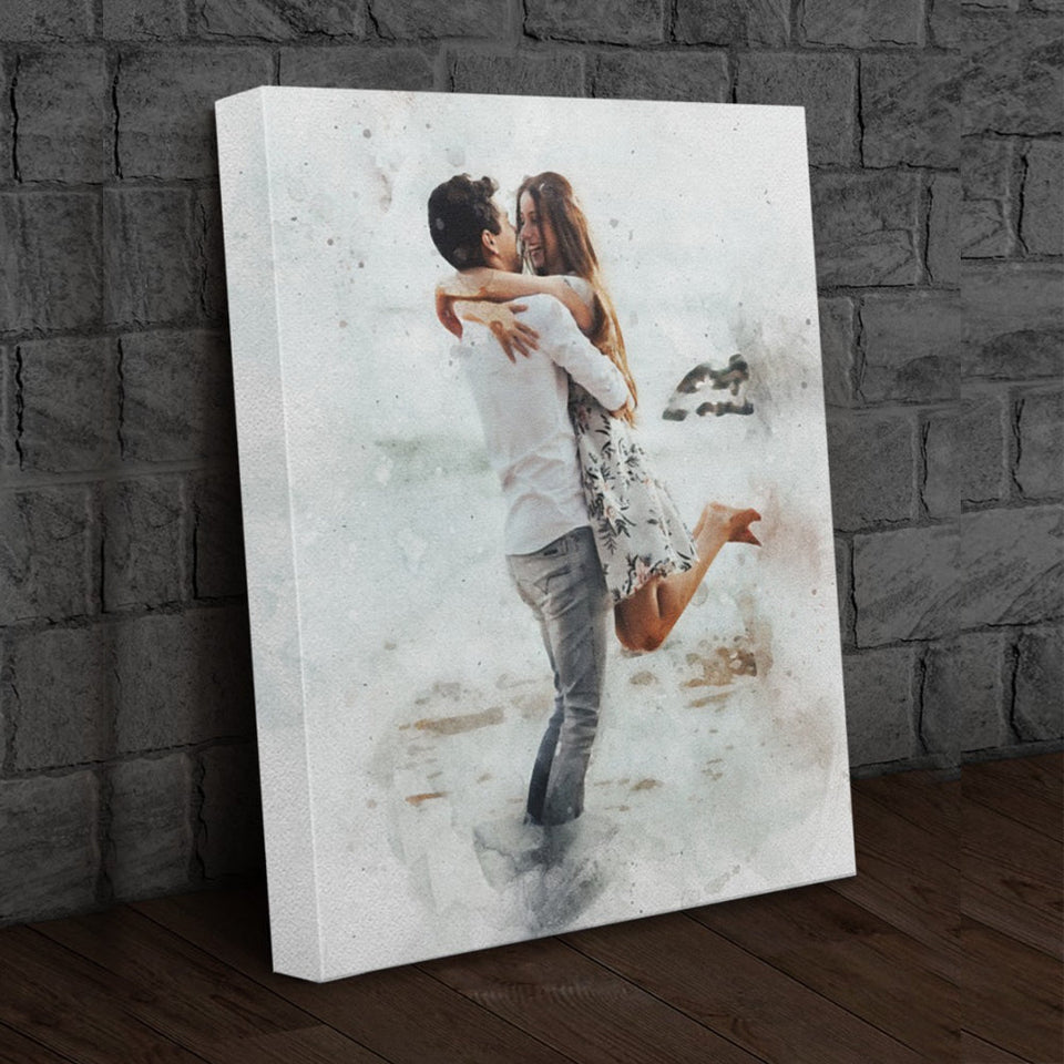 Personalized Couple Painting Watercolor Portrait, Couple Photo Art Canvas