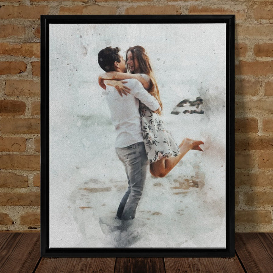 Personalized Couple Painting Watercolor Portrait, Couple Photo Art Canvas