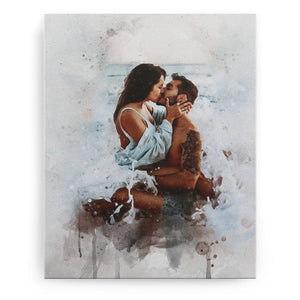 Personalized Couple Painting Watercolor Portrait, Couple Photo Art Canvas