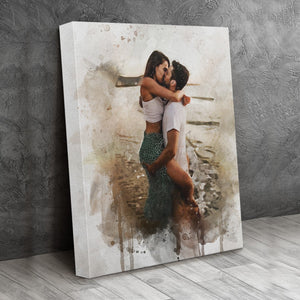 Personalized Couple Photo Art Canvas, Couple Painting Watercolor Portrait