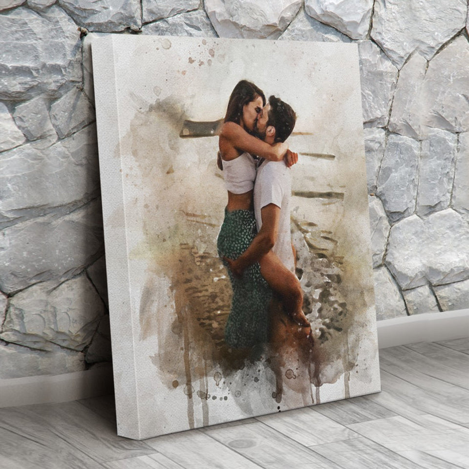 Personalized Couple Photo Art Canvas, Couple Painting Watercolor Portrait