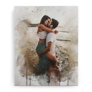 Personalized Couple Photo Art Canvas, Couple Painting Watercolor Portrait