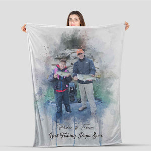 Personalized Fishing Blanket for Grandpa, Best Fishing Papa Ever Blanket, Fishing Watercolor Father's Day Blanket
