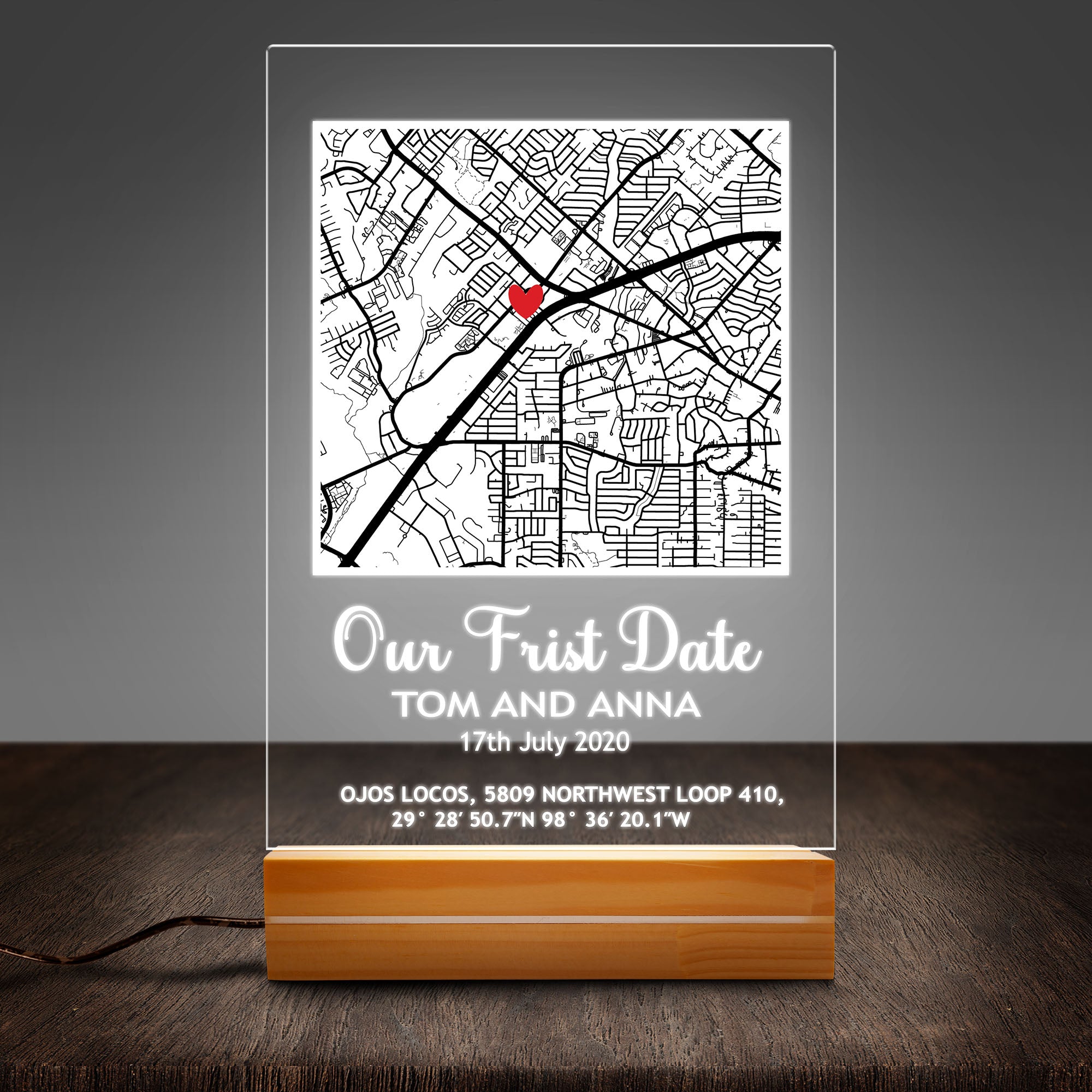 Our First Date Acrylic Sign, Anniversary Gift, Custom Map, First Date  Plaque, Boyfriend Girlfriend Gift (stand included)