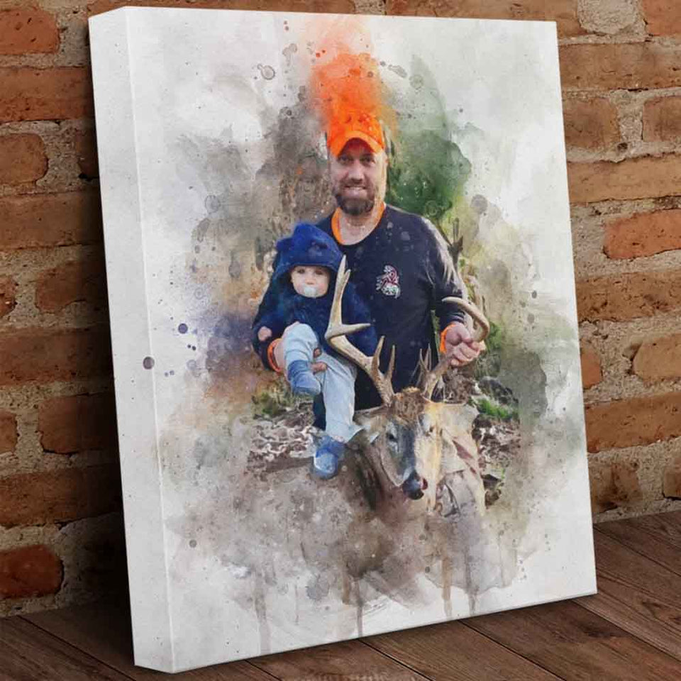 Personalized Hunting Dad Canvas, Portrait for Hunting Dad, Watercolor Portrait for Dad