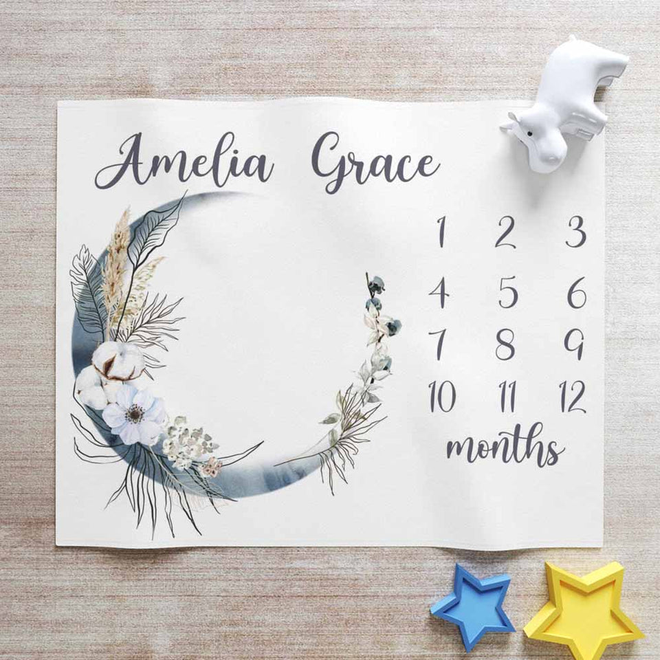 Boho Floral Blue Moon Milestone Baby Girl Blanket, Personalized Monthly Nursery Baby Girl Blanket