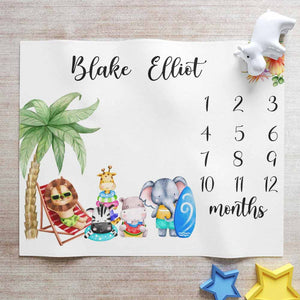 Personalized Safari Animals Baby Milestone Blanket, Summer Monthly Nursery Baby Blanket - GreatestCustom