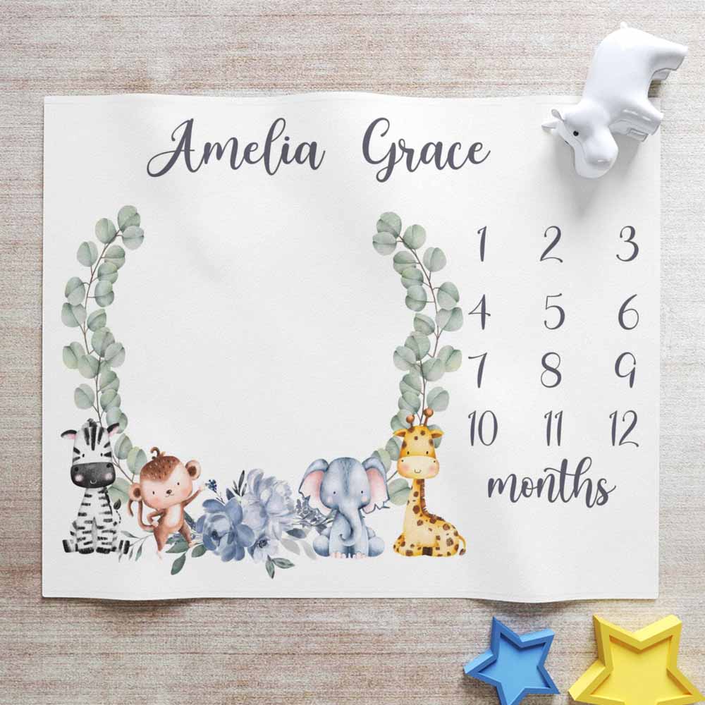 Personalized Woodland Animals Baby Blanket, Monthly Baby Milestone Blanket - GreatestCustom