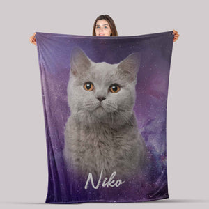 Personalized Custom Dog/Cat Portrait Galaxy Fleece/Sherpa Blanket, Dog Mom Gift Blanket