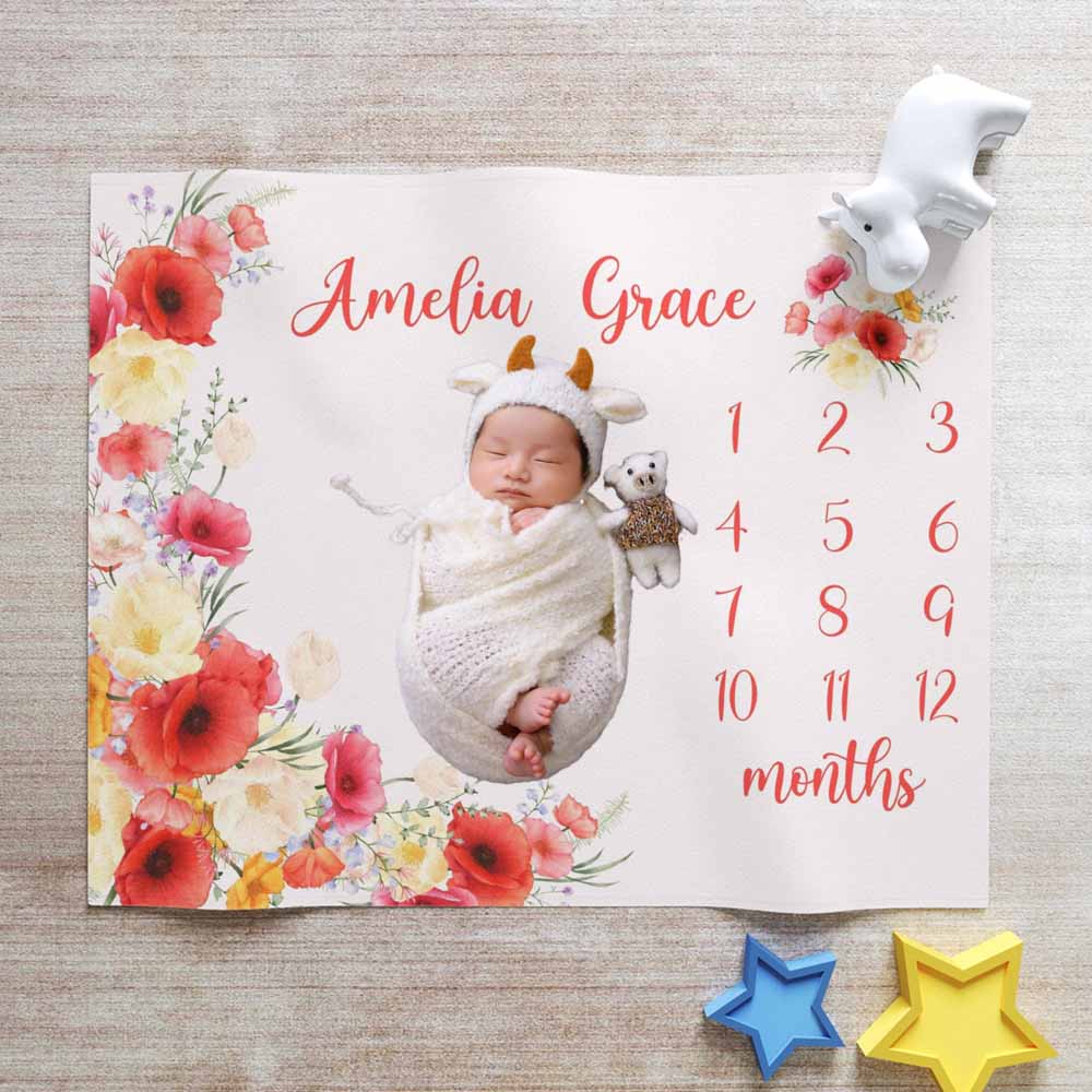 Poppy Floral Monthly Milestone Baby Girl Blanket, Newborn Baby Girl Blanket