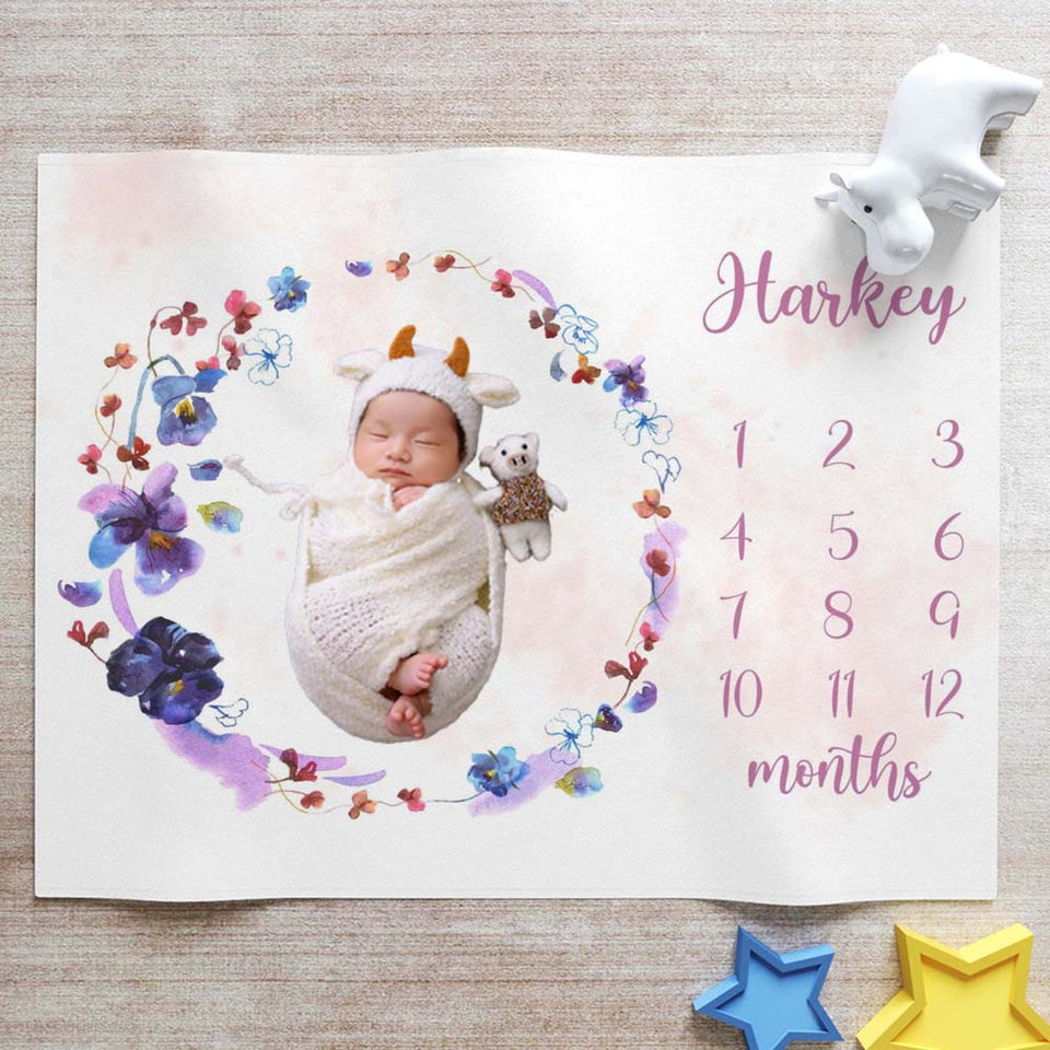 Personalized Floral Baby Blanket, Monthly Baby Blanket, Newborn Milestone Blanket