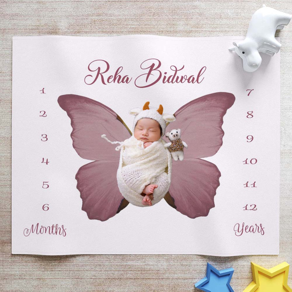 Butterfly Milestone Baby Girl Blanket, Growth Chart Baby Name Blanket, Baby Shower Gift Blanket