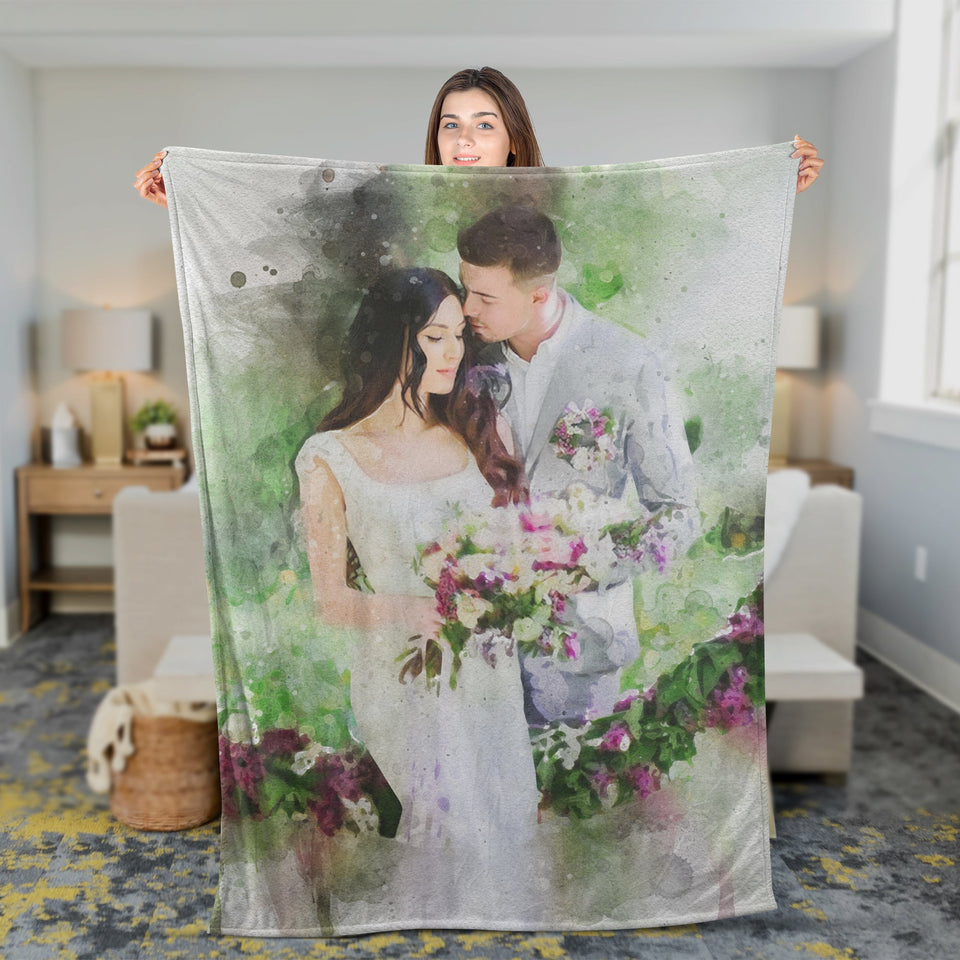 Personalized Wife Wedding Portrait Fleece/Sherpa Blanket, Gift for Wife Portrait Blanket