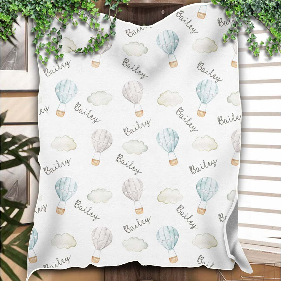 Blue Hot Air Balloons Baby Blanket, Personalized Baby Blanket Gift, Toddler Blanket, Baby Shower Gift