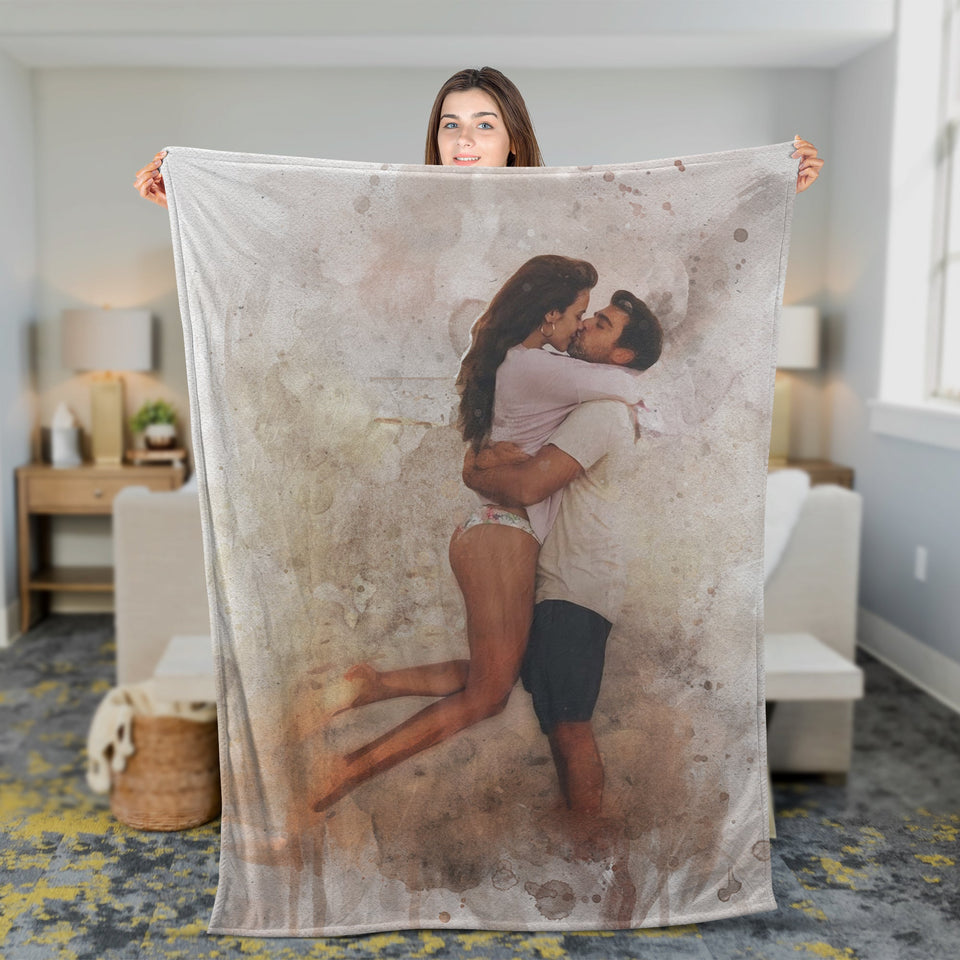 Personalized Valentine Photo Blanket, Watercolor Valentine Blanket - GreatestCustom
