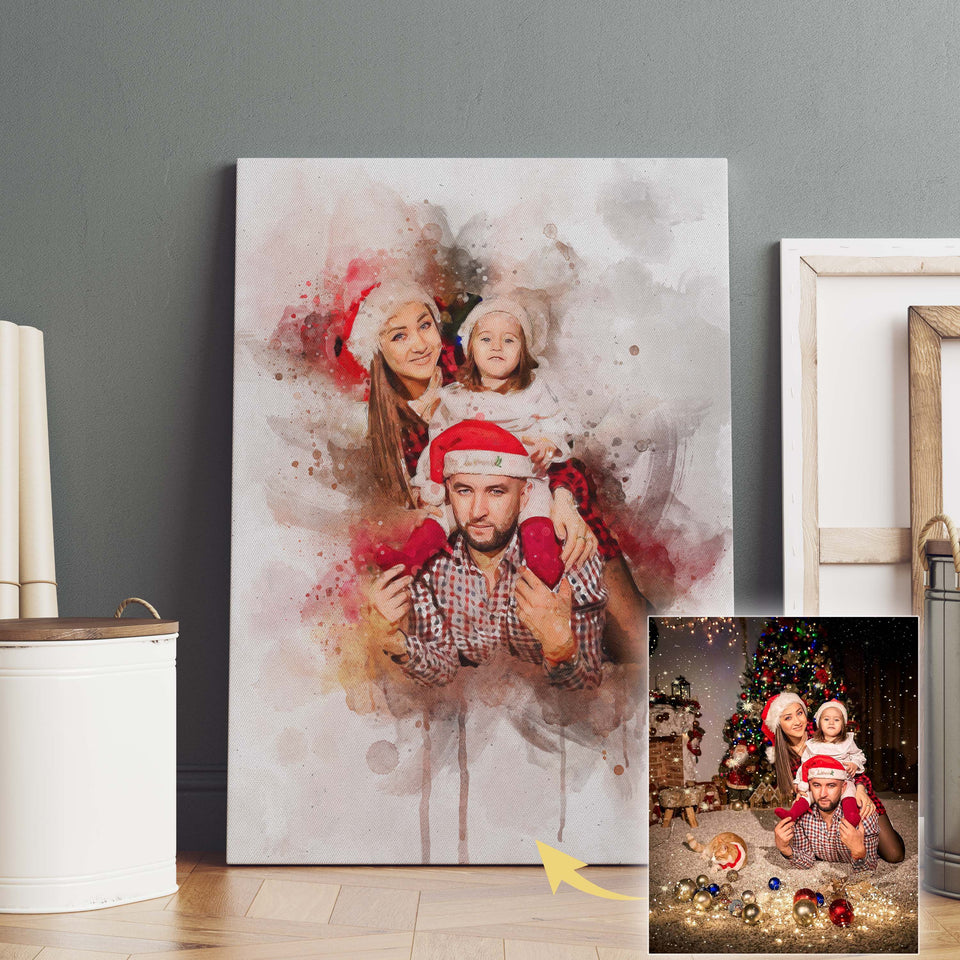Personalized Watercolor Any Photo Christmas Gift Canvas Wall Art, Christmas Watercolor Art - GreatestCustom