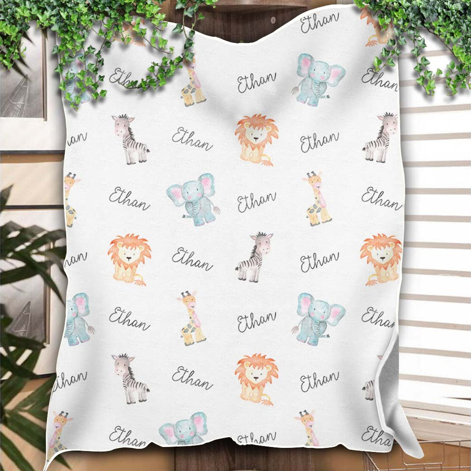 Personalized Safari Animal Baby Name Blanket