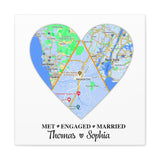 Personalized Map Heart Art, Met Engaged Married, Anniversary Gift for Couple Canvas Wall Art