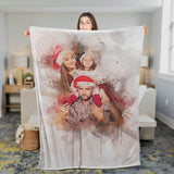 Personalized Family Watercolor Photo Christmas Gift for Family Fleecee/Sherpa Blanket