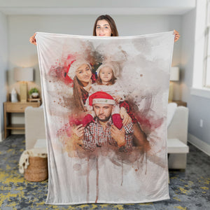 Personalized Christmas Gift Family Photo Watercolor Fleecee/Sherpa Blanket