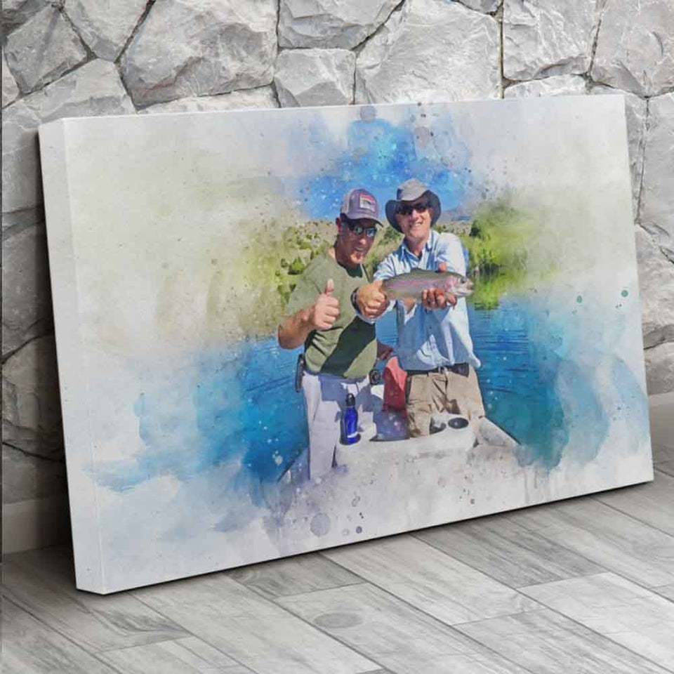 Personalized Fishing Dad Canvas, Portrait for Fishing Dad, Watercolor Portrait for Fishing Dad